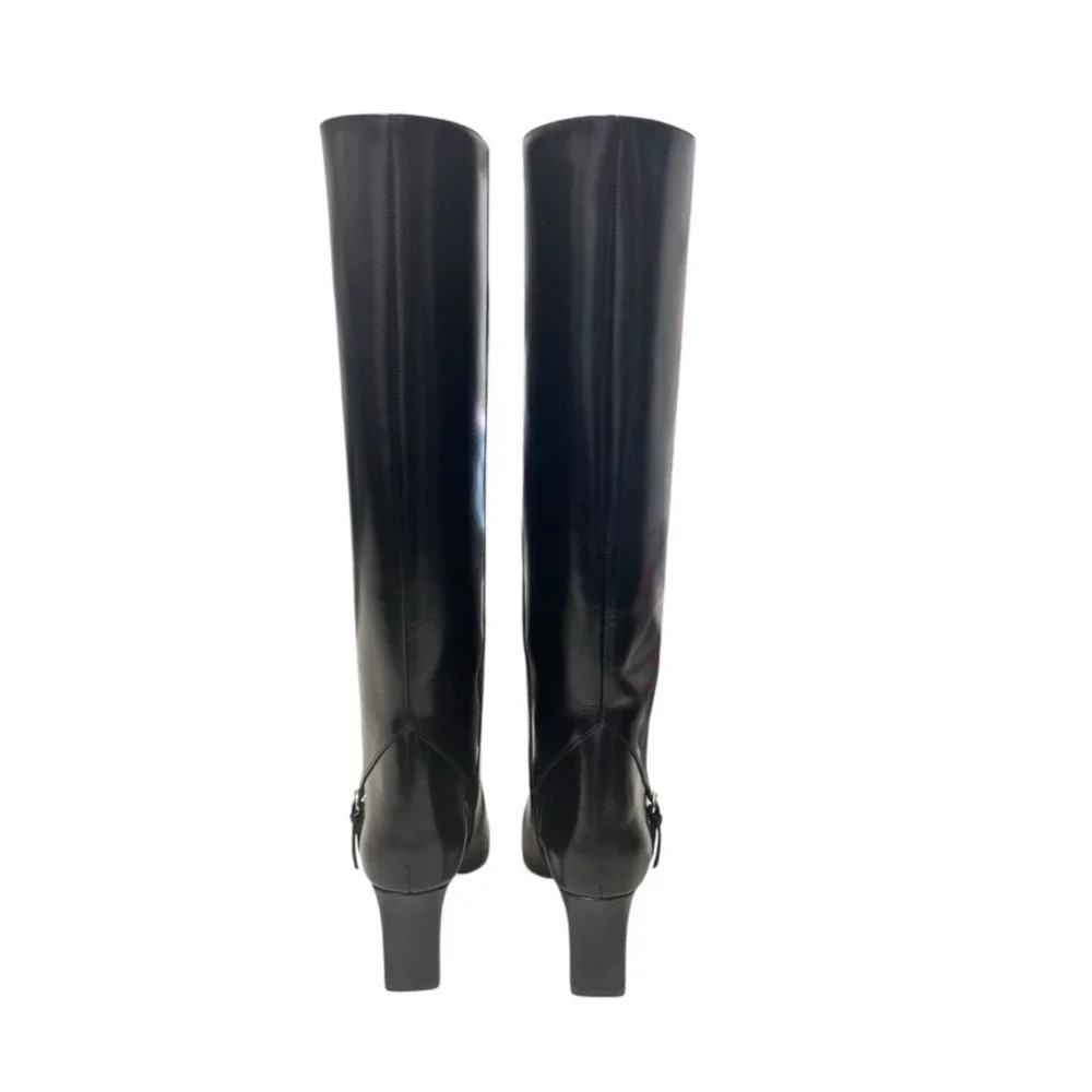 New Reformation Gaelle Knee Boots Sz 9 Black Leather New Buckle Detail Tall Heel
